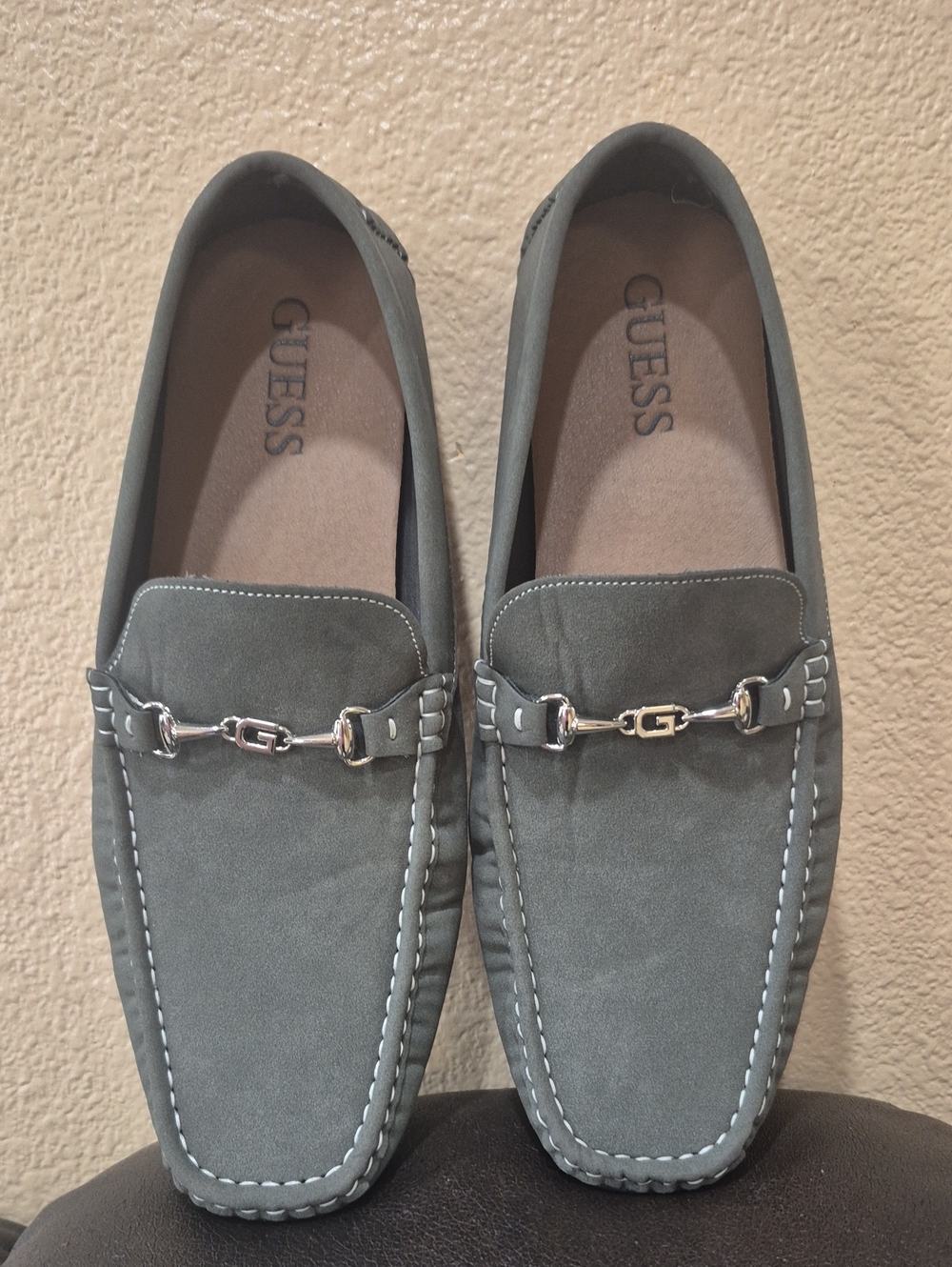 GUESS Gray Suede Slip-On Loafers with Silver Hardware
